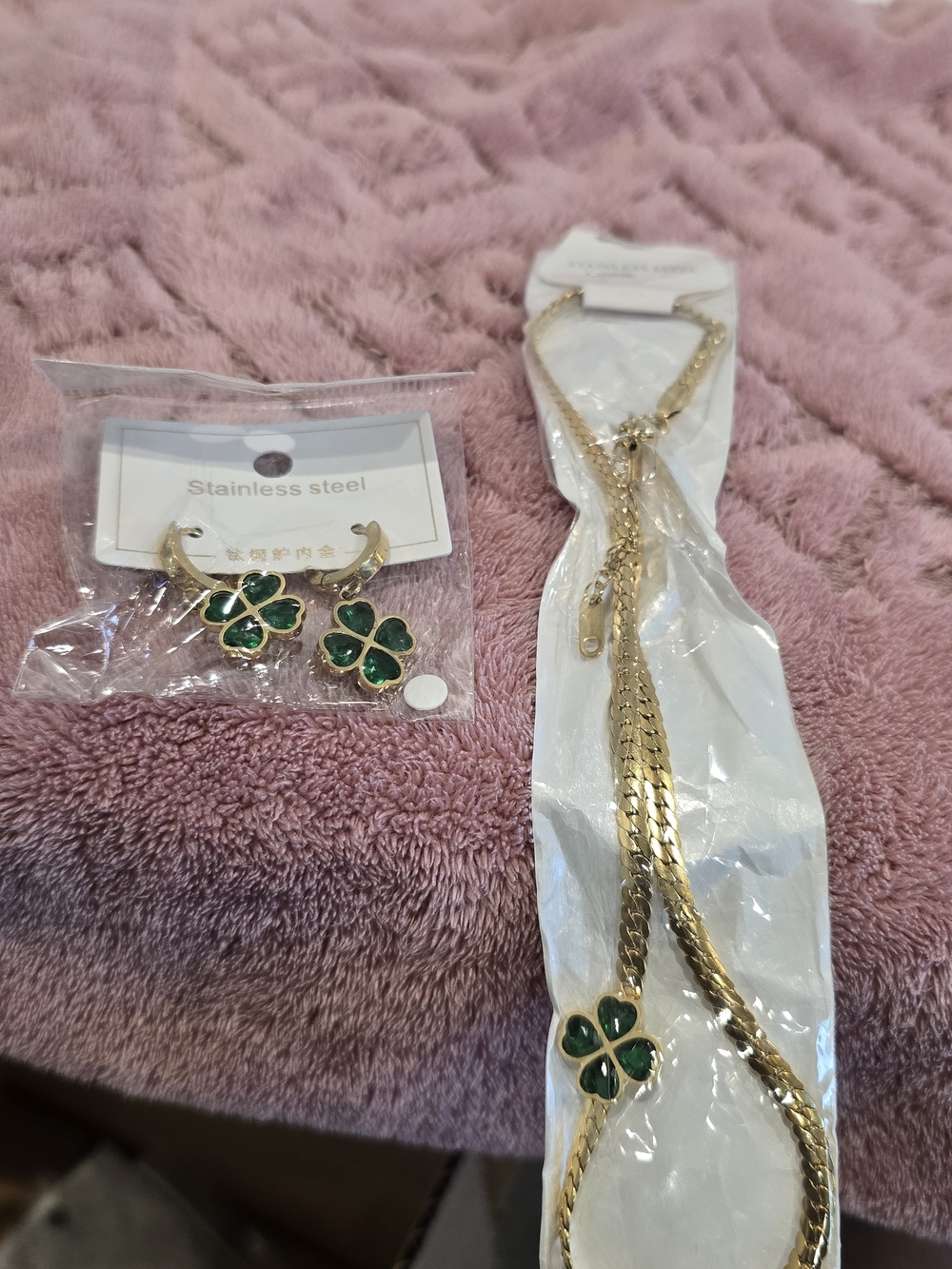 Gold-Tone Green Clover Necklace and Earrings Set